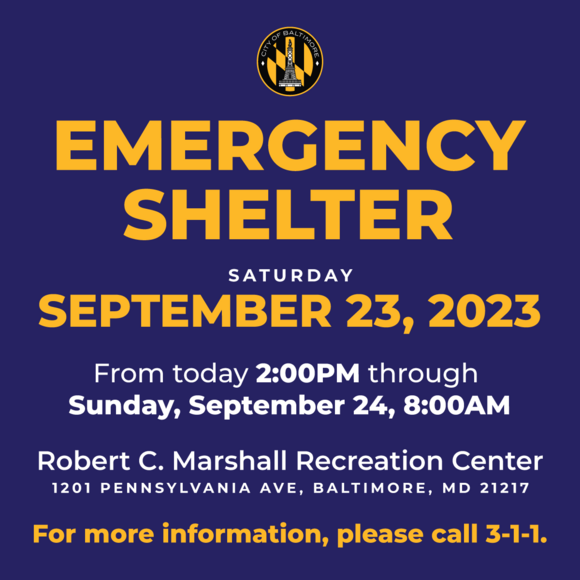 Emergency Shelter is available at Robert C. Marshall Rec Center from 2pm on September 23 to 8am on September 24, 2023.